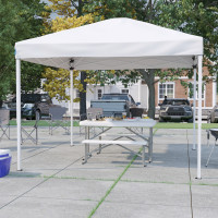 Flash Furniture JJ-GZ10103-WH-GG 10'x10' White Pop Up Event Canopy Tent with Carry Bag and Folding Bench Set - Portable Tailgate, Camping, Event Set